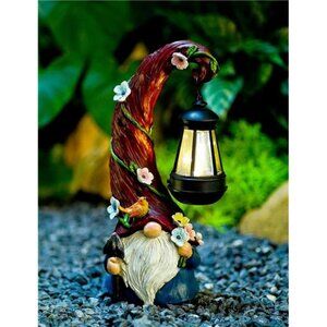 Solar Gnome Garden Statue with Lantern Light Outdoor Yard Patio Decor Gift